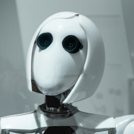 White humanoid robot with expressive eyes symbolizing the role of AI in creative industries.